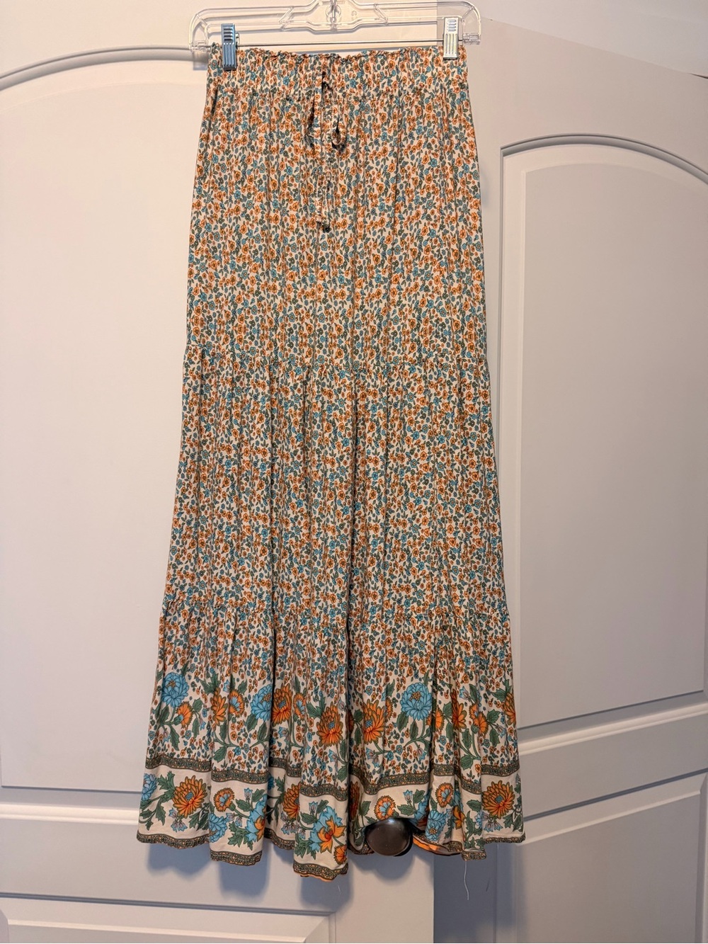 Boho Floral Tiered Maxi Skirt - Blue & Orange
